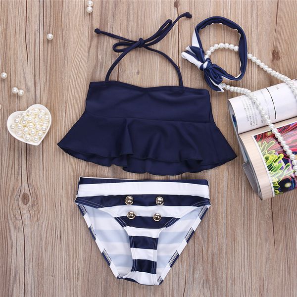 

new brand children girls bikini suit ruffles navy striped tankini swimsuit swimwear two pieces swim for girls