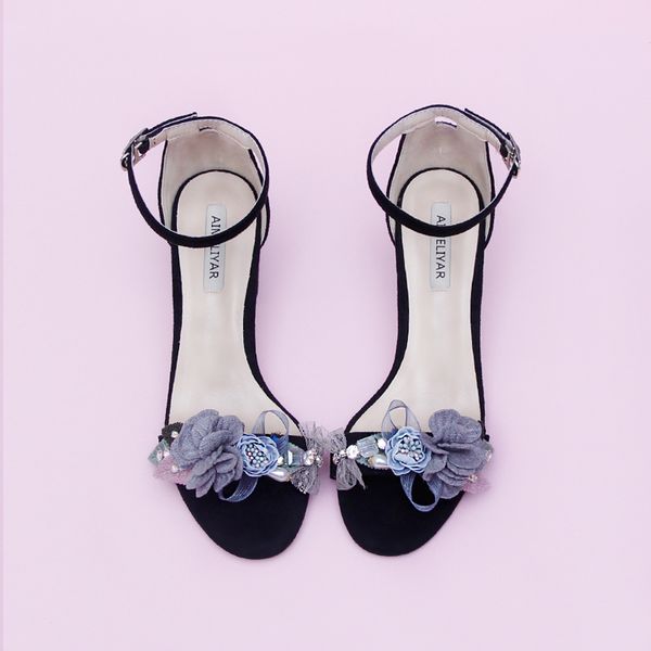 

black suede chunky-heel commuter a- line with mori series flower fairy women's sandals size code students