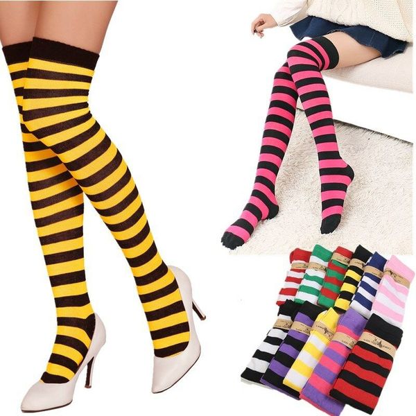 

simple women girls striped stockings over knee thigh high striped cotton stockings 11 colors girl cute sweet above knee sockings, Black;white