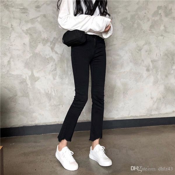 

straight-leg pants women's 2019 new style korean-style elasticity high-waisted slimming fashion irregular trousers denim (ankle, Blue