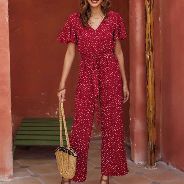 

ladies polka dot short-sleeved jumpsuit fashion simple and comfortable casual loose polka dot short-sleeved waist tied 02*, Black;white