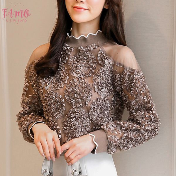 

coffee rose mesh women 2020 spring fashion shirts ruffle long sleeve cold shoulder causal pleated blusas, White