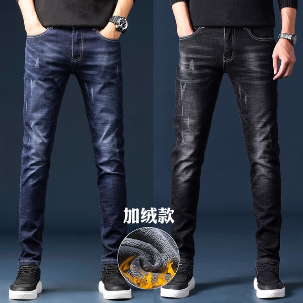 

mens winter stretch thicken jeans warm fleece lined straight jeans fashion velvet clothing male denim pants classic men trousers, Blue