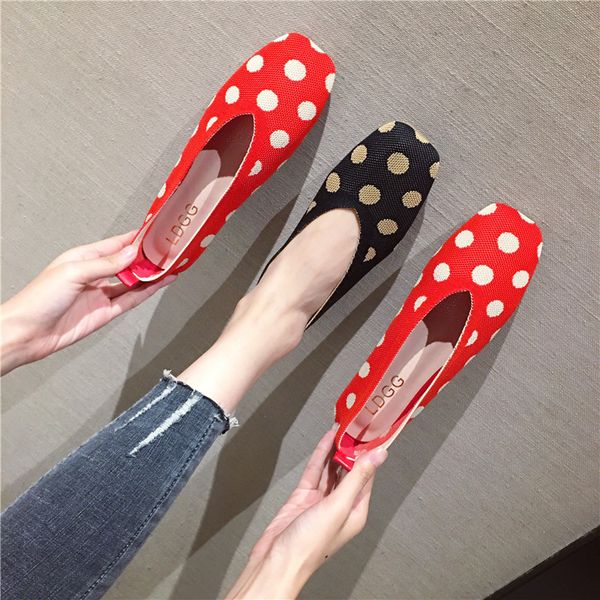 

autumn 2019 women shoes soft square toe fall dress casual woman comfortable suede polka dot lace-up flat fretwork leisure, Black