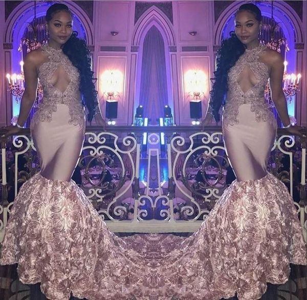 

Gorgeous black girls mermaid prom dresses sexy halter applique lace evening gowns rose 3d Floral Skirt holiday party dresses