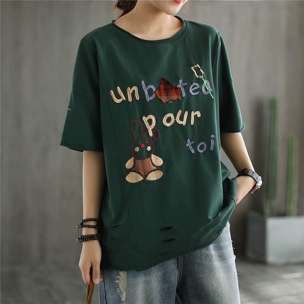 

wear 2020 summer cotton half sleeve women's loose round collar embroidery embroidered ring wool ring cotton t sleeve women's hole, White