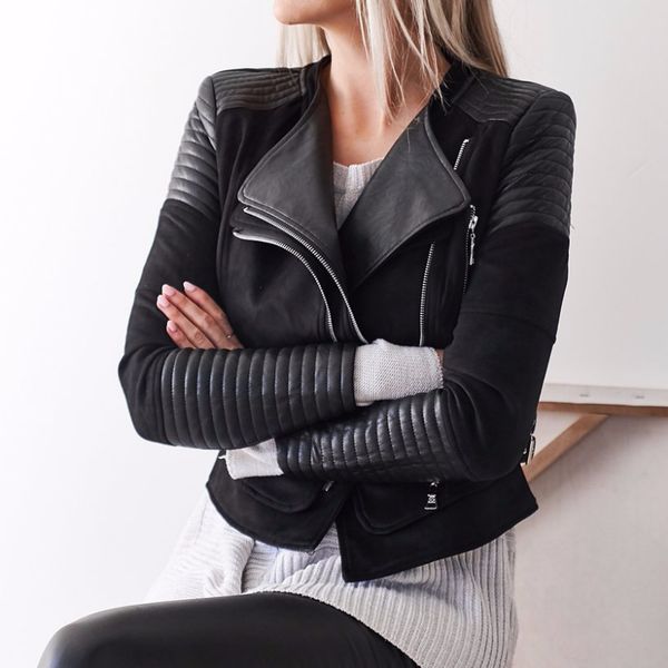 

2018 european and american explosions solid color boutique casual fashion women's zipper lapel jacket, Black;brown