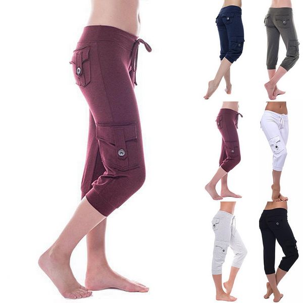 

drawstring mid calf women legging cargo pockets low waist fitness pencil pants push up skinny stretchy sport ladies legging, Black