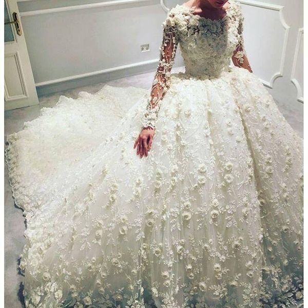 

luxury 3d floral appliqued wedding dresses with long sleeves jewel neckline bridal ball gowns court train tulle beaded wedding dress, White