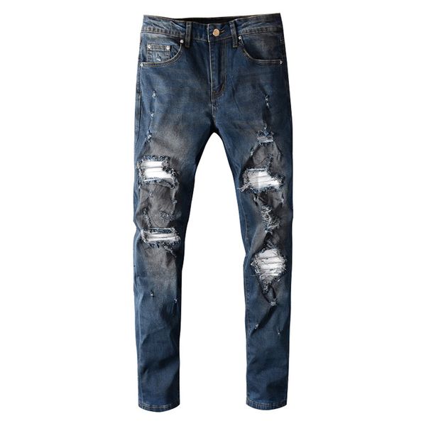 

sokotoo мужская ретро урожай синий рваные джинсы тонкий тощий белый патч сращивания растянуть джинсовые брюки, Blue