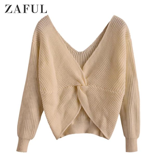 

zaful autumn twisted uneven hem low cut sweater for women drop shoulder plunging neck pullovers solid color ladies daily, White;black