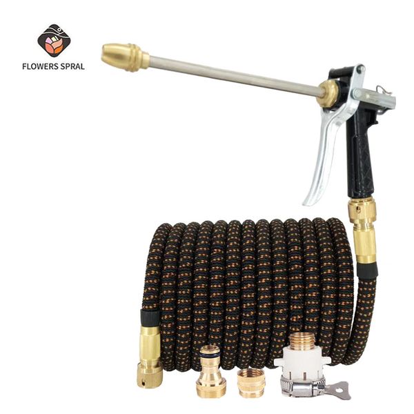 

25ft-100ft garden hose 3 times rubber hose eu high pressure car wash water pipe metal spray gun watering garden