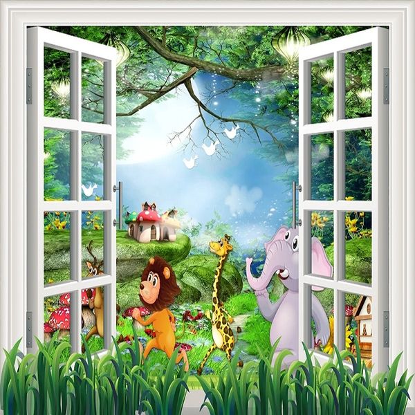 

пользовательские большой настенная 3d обои nordic современные окна спальни настенная телевизор обратно декора стены мультфильм животных лес