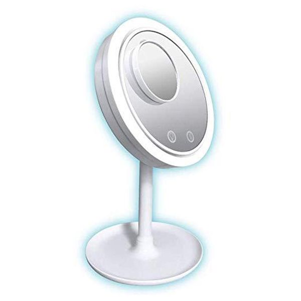 Espelho de maquiagem com lâmpada LED 3 em 1 com ventilador de ampliação 5X Espelho cosmético Beauty Breeze Desktop Mantenha a pele fresca Espelho de luz LED de beleza DBC VT0418