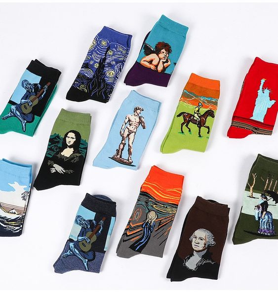 

mens designer socks oil painting street tide brand star sports mid tube fashion socks stockings 17 style 11, Black