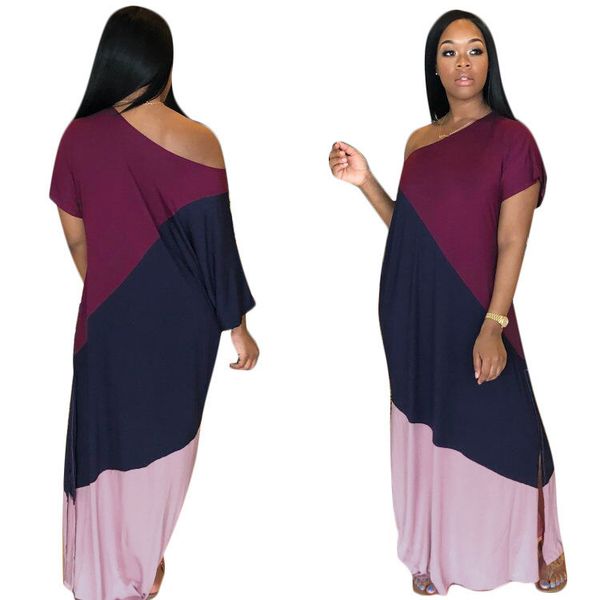 

контрастного цвета сращивание свободное длинное платье женщин одно плечо с длинным рукавом платье длиной до пола casaul с боковым разрезом с, Black;gray