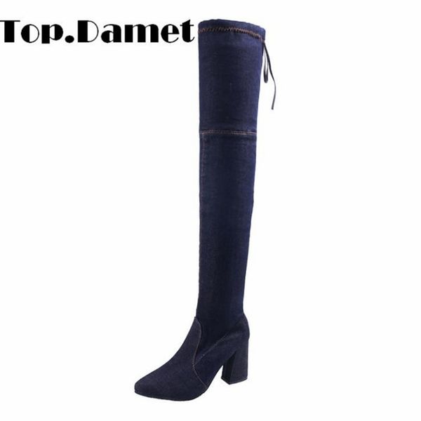 

damet thigh high boots women autumn high heel motorcycle boots denim pointed toe zipper over the knee for female, Black