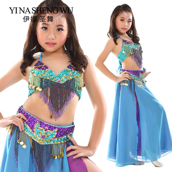 

girls belly dance set new children dance practice costumes beaded tassel chiffon split stage performance dancewear 2pcs/3pcs set, Black;red
