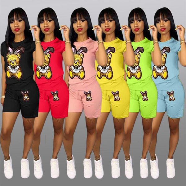 

sequins cartoon shorts tracksuit women outfits short sleeve t-shirt + shorts two piece set bear print t shirt sportswear suit clothing, White