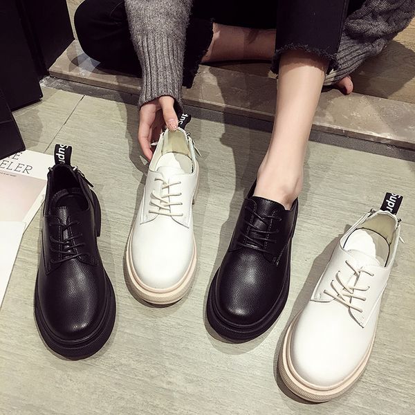 

autumn winter women oxford shoes ballerina flats shoes women leather moccasins lace up loafers white, Black