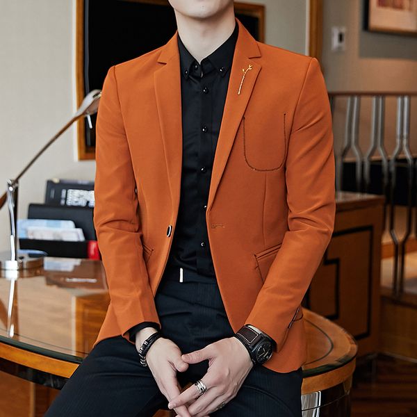 

3 solid blazer hombre slim fit business casual vintage mens blazer homme orange black cream one button suit jacket m-3xl, White;black
