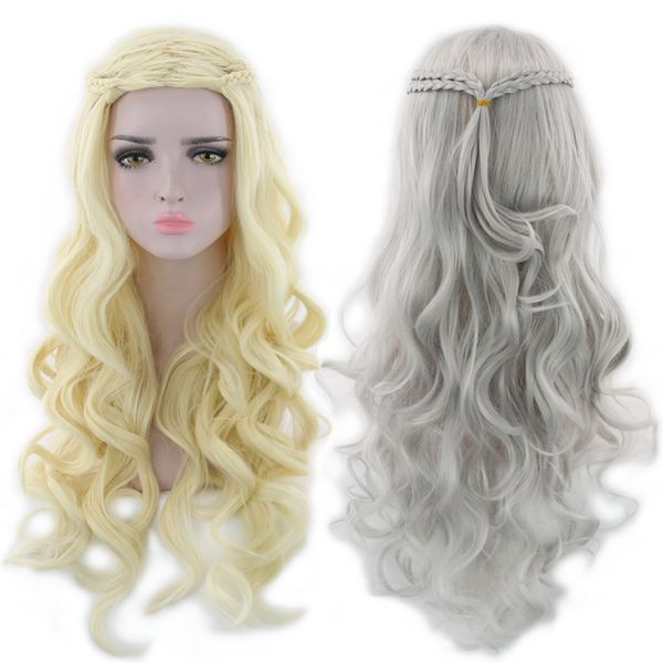 

games of thrones 26 inch danielis type silvery gray long wavy hair blond synthetic wigs blond silvery gray, Black