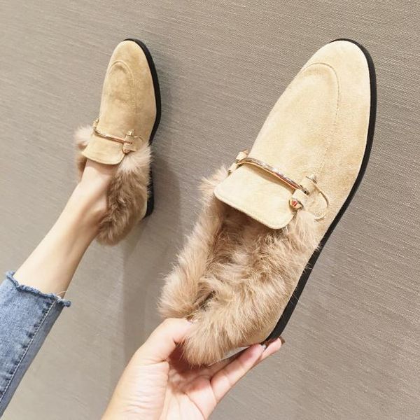 

shoes flock slippers casual winter footwear lady luxury girl flat fretwork plush basic shoes flock lady slippers casual winter, Black