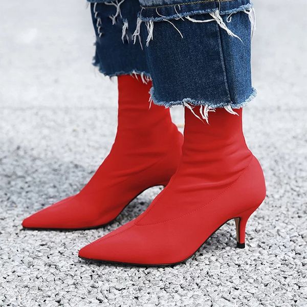 

women ankle sock boots fashion autumn winter stretch boots 6cm stiletto high heels pointed toe women shoes red black