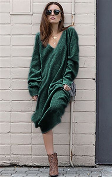 

Autumn Ladies Solid Color Dresses Fashion Designer Deep V Neck Dress Casual Loose Long Sleeve Apparel