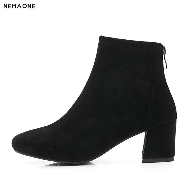 

nemaone ankle boots woman black gray high heels square toe thick high heels boots spring autumn women dress shoes