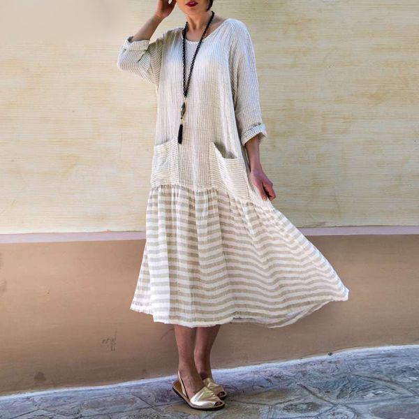 

women dresses designer dress striped patchwork dresses vonda long dress autumn o neck big swing casual loose vestidos plus size, Black;gray