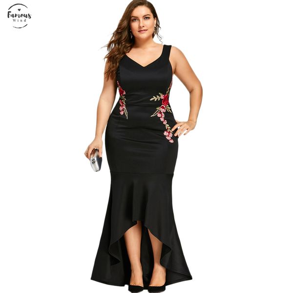 

embroidery roses mermaid plus size 5xl dress maxi tank v neck long elegant party female dress evening wear, Black;gray