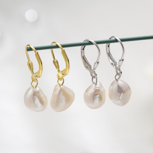 

925 sterling silver korean beautiful baroque natural pearl drop earrings geometric ear buckle gold/silver girl wedding earrings