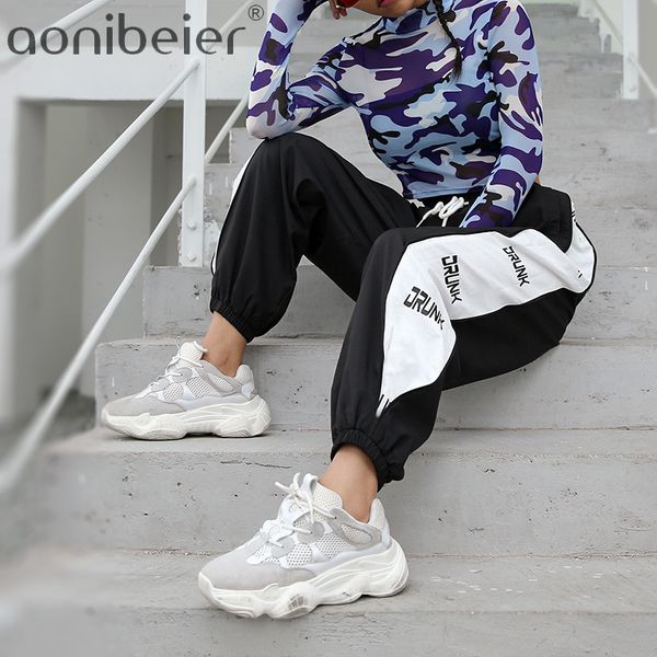 

aonibeier sweatpants fashion casual women trousers high waist harem pants with pockets letter print tape side patchwork joggers, Black;white