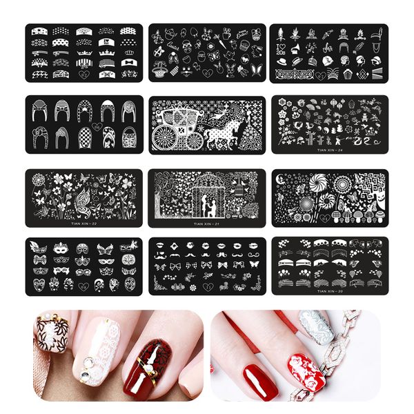 

24 styles women diy nail art stamp stamping 1pcs 6*12cm stainless steel nail template manicure stencil tools various patterns, White