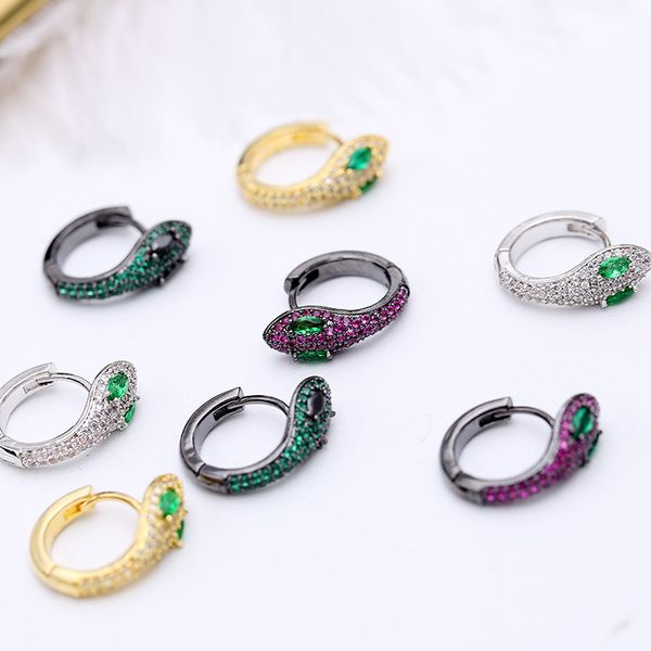 

personalized gold white gold iced out green cz cubic zirconia creative snake hoop earrings womens cute animal earring studs ear jewerly, Golden;silver