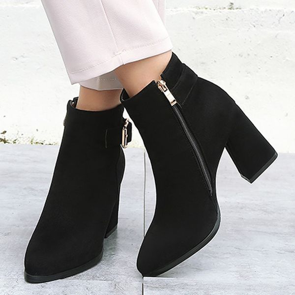 

boots women fashion women square heels zipper solid color short booties pointed toe shoes zapatos de mujer, Black