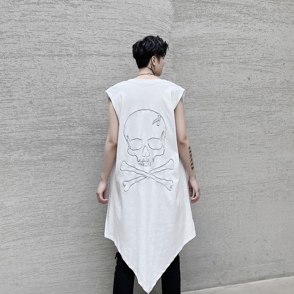 

2020 new korean version of the summer back skull embroidery front short and long solid color men's casual loose vest, Black;white
