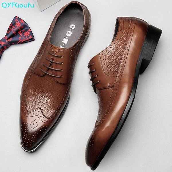 

qyfcioufu pointed toe men dress shoe new formal black brown men genuine leather shoes flats work brogue shoes fashion