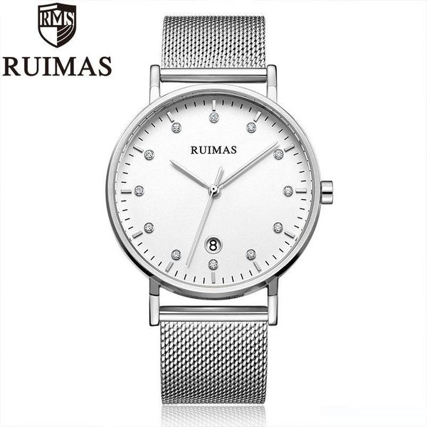 

ruimas relojes para hombre men watches brand quartz watch stainless steel mesh band silver wristwatch gentlemen 6745, Slivery;brown
