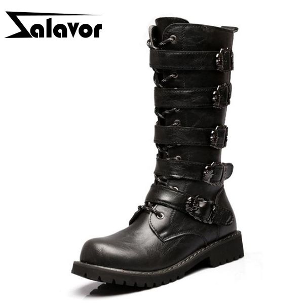 

zalavor motorcycle boots men motocross boots motorcycle shoes pu leather rock mid-calf buckle motorbike punk cool, Black