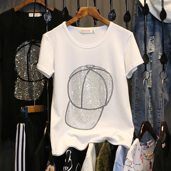 

женская дизайнерская одежда женские рубашки женщины горячие drilling t shirt коротким рукавом хлопок футболки женщины o шеи повседневный топ, White