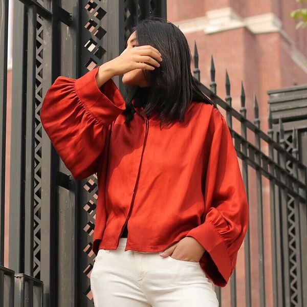 

women shirt nordic niche new retro pleated wide-sleeved rust red loose collar shirt women shirts cali cow stand-up, White