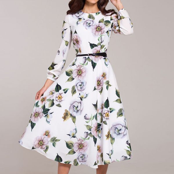 

long sleeve dress womens clothes 2019 women casual dress wrist sleeve print party vestidos ladies elegant vintage a line dresses no belt, Black;gray