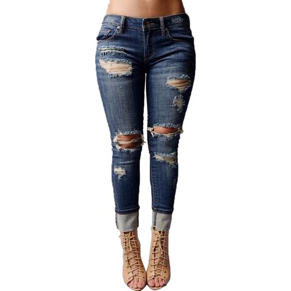 

2019 women jeans ladies bravo wonderful mid waisted skinny hole denim jeans stretch slim pants calf length, Blue