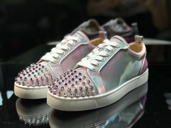 

elegant fashion luxury red bottom sneakers for men women shiny leather perfect gift sneakers party wedding casual walking with box, Black