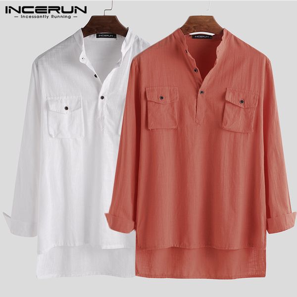 

incerun autumn comfort men solid long sleeve collar casual shirt stylish joker pullover high street cotton linen mens blouse 3xl, White;black