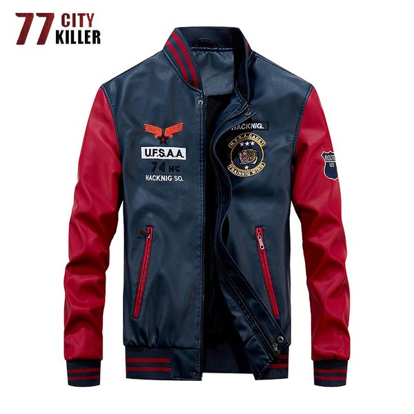 

77city killer 2019 new leather jacket men windbreaker motorcycle patchwork baseball jackets male fleece warm faux leather jacket, Black