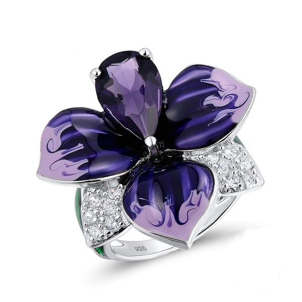 

100% 925 sterling silver gorgeous enamel rings women big purple stone and deep purple enamel flower ring for women party jewelry, Slivery;golden
