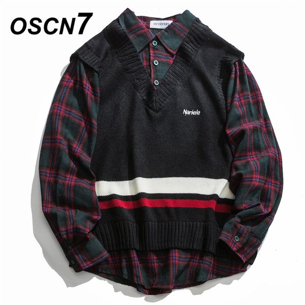 

oscn7 casual plaid splice fake two pieces long sleeve shirt men streetwear 2019 long sleeve shirts harujuku mens shirt h9572, White;black